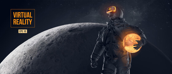Wall Mural - vr headset with neon light, future technology concept banner. astronaut with virtual reality glasses
