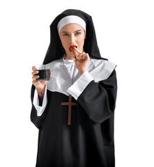 Wall Mural - Sexy nun with cigar and alcohol on white background