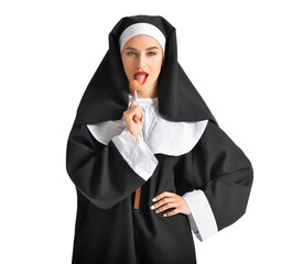 Sexy nun with lollipop on white background