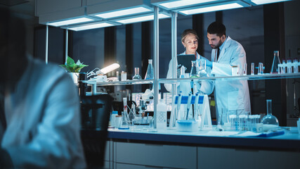 Wall Mural - female and male medical research scientists have a conversation while conducting experiments in a pe