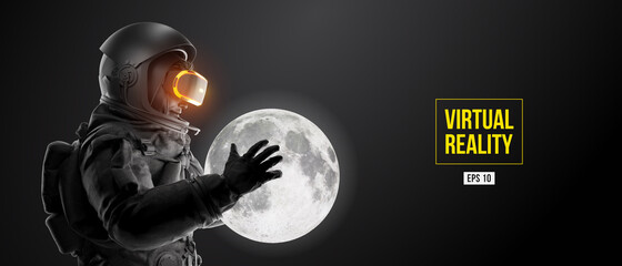 vr headset with neon light, future technology concept banner. astronaut with virtual reality glasses