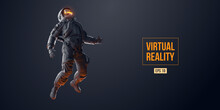 VR Headset With Neon Light, Future Technology Concept Banner. Astronaut With Virtual Reality Glasses On Black Background. VR Games. Vector Illustration. Thanks For Watching
