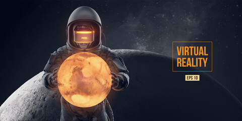 Wall Mural - vr headset with neon light, future technology concept banner. astronaut with virtual reality glasses