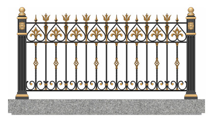 Wall Mural - Iron railings for the city. Gold decor. Blacksmithing. Urban design. Balcony. Terrace. Facades. Art Deco architecture. Template for architectural projects. Iron fence. Isolated. White background.