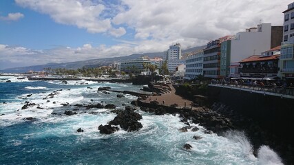 Seafront of Puerto de la Cruz at Tenerife. Cloudy sky at Tenerife Island, Canary Island