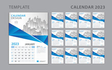Calendar 2023 Template, Set Desk Calendar Design With Place For Photo And Company Logo. Wall Calendar 2023. Week Starts On Sunday. Set Of 12 Months. Blue Polygon Background
