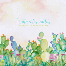 Watercolor Cactus Background. Watercolor Hand Draw Cactus And Succulents Background