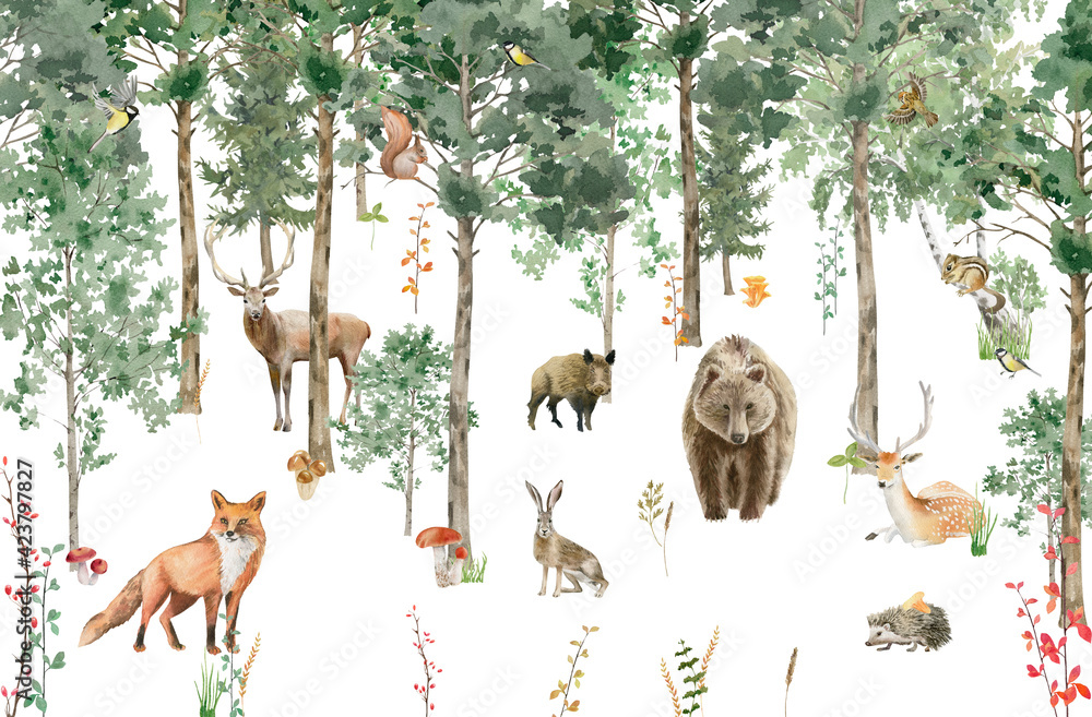 Children's wallpaper. Watercolor forest with animals. - obrazy, fototapety, plakaty 
