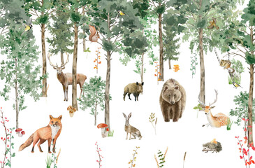 Children's wallpaper. Watercolor forest with animals.