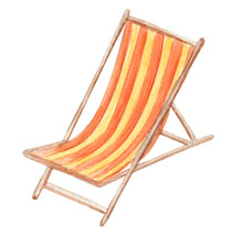 Watercolor Beach Deck Chair With Red Stripes Isolated On White Background.