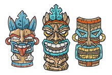 Set Of Trendy Hawaii Wooden Tiki Mask For Surfing Bar. Traditional Ethnic Idol Of Hawaiian, Maori Or Polynesian. Old Tribal Totem