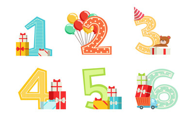 cute anniversary numbers with gift boxes and colorful balloons set, kids birthday party design eleme