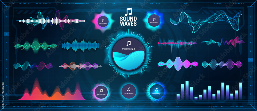 Modern Sound Waves - Equalizer. Futuristic waveforms, circle UI and UX bars, voice graph signal and music wave in futuristic HUD style. Microphone voice and sound recognition. Vector audio waves set - obrazy, fototapety, plakaty 