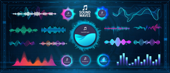 Modern Sound Waves - Equalizer. Futuristic waveforms, circle UI and UX bars, voice graph signal and music wave in futuristic HUD style. Microphone voice and sound recognition. Vector audio waves set