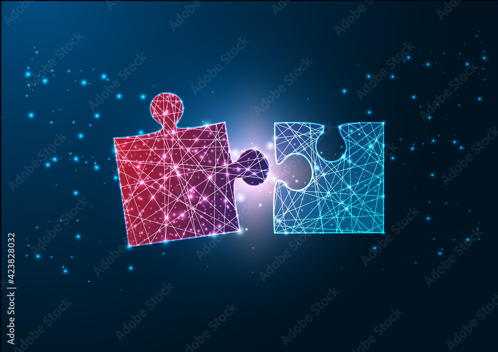 Futuristic glowing wireframe design red and blue jigsaw puzzle pieces fitting each other. - obrazy, fototapety, plakaty 