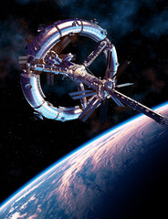 Wall Mural - Futuristic Space Station Orbiting Blue Planet Earth