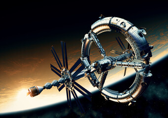 Wall Mural - futuristic big space station orbiting yellow planet