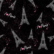 Abstract Seamless Pattern With White Eiffel Tower, Text I Love Paris And Pink Spray On Black Background.