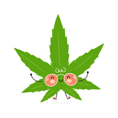 Sticker - Cute funny Weed marijuana leaf character. Vector hand drawn cartoon kawaii character illustration icon. Isolated on white background. Weed marijuana leaf character concept