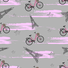 Abstract Seamless Pattern For Feminine Textiles. Eiffel Tower, Stars And Bike