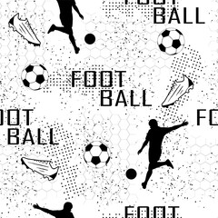 Seamless sport pattern with soccer players, text, ball and spray on white backdrop.