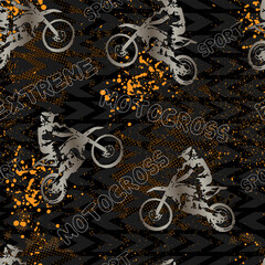 Wall Mural - Abstract seamless grunge pattern with boy on motorcycle. Text extreme, motocross, orange grunge texture and arrows on black background.
