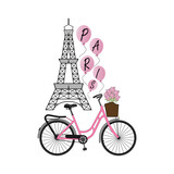 Fototapeta Boho - Vector illustration Paris. Eiffel tower, bike with bouquet of flowers and balloons with text.