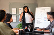 black business woman leading presentation for teammates in the office. .
