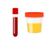 Test tube with blood and urine sample container isolated on white background. Urinalysis, blood medical analysis icons. Laboratory examination and diagnostics concept. Vector cartoon illustration.