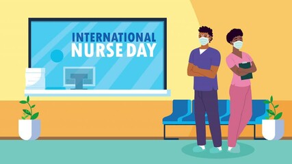 Wall Mural - international nurse day lettering with nurses couple in hospital