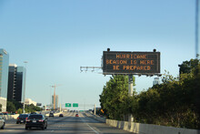 Hurricane Warning Sign On A Houston Freeway.