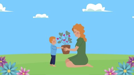 Canvas Print - happy mothers day card with son giving plant to mom in garden