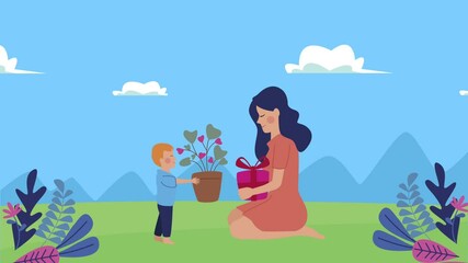 Canvas Print - happy mothers day card with son giving plant to mom in the camp