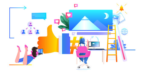 Wall Mural - people using digital gadgets social media network online communication concept