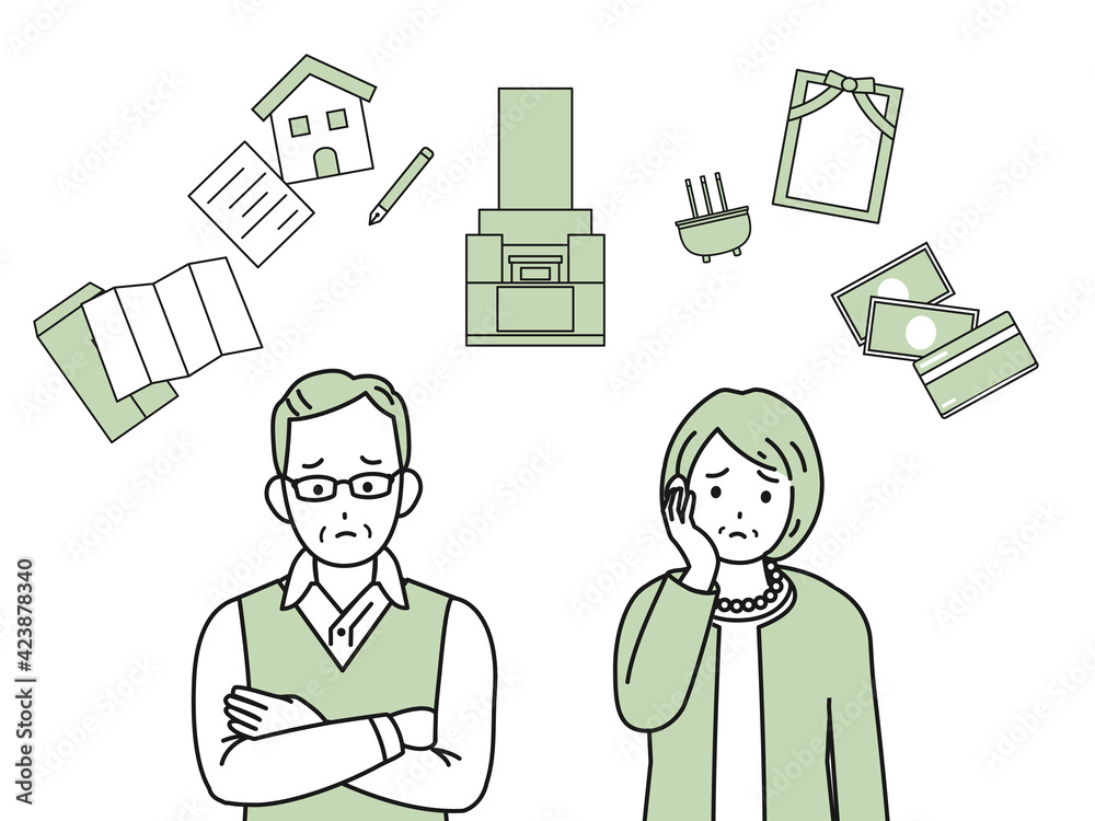 終活について考える老夫婦 相続 葬儀 お墓 遺書 悩み シニア 年配 高齢者 イラスト素材 Aged Wall Mural Ag Senryu