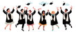 graduates of different nations throw their hats up, rejoice at end of their studies and receiving a diploma