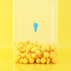 Wall Mural - Blue Light bulb Floating on yellow light bulb Overlap in glass box on yellow background. Minimal idea concept. 3D Render.
