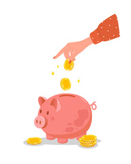 Piggy bank. Female hand puts gold coins in money box. Save money concept. Investments in future. Financial symbol. Banking or business services. Vector illustration in flat cartoon style.