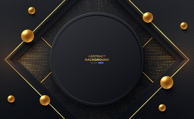 Wall Mural - black circle frame and square shapes with gold stripes, gold spheres. abstract black background text