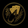 Graceful female hand of a gypsy woman holds tarot cards. Round gold icon on a black background. The concept of divination, witchcraft, fate, card game. Vector illustration isolated on background.