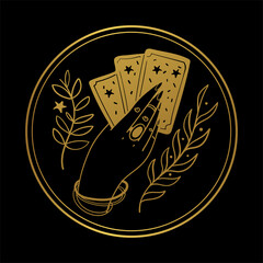 Canvas Print - Graceful female hand of a gypsy woman holds tarot cards. Round gold icon on a black background. The concept of divination, witchcraft, fate, card game. Vector illustration isolated on background.