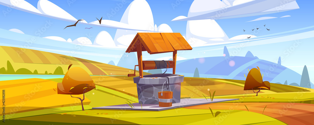 Old stone well with drinking water on yellow hill. Vector cartoon autumn landscape with fields, orange bushes and vintage well with wooden roof, pulley and bucket - obrazy, fototapety, plakaty 