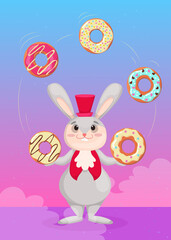 Sticker - Cute bunny in red top hat juggling colorful donuts illustration. Smiling rabbit throwing doughnuts in the air on blue and pink background. Menu design, cafe, unhealthy snack concept