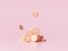Stacks Of Coins Cryptocurrency On Pink Background. 3d Render Illustration