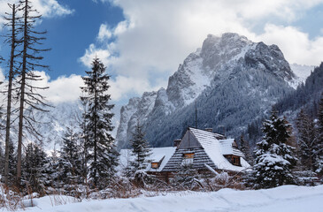 Wall Mural - Beautiful winter views of the High Tatra Mountains with tourists, skiers and amazing states of nature