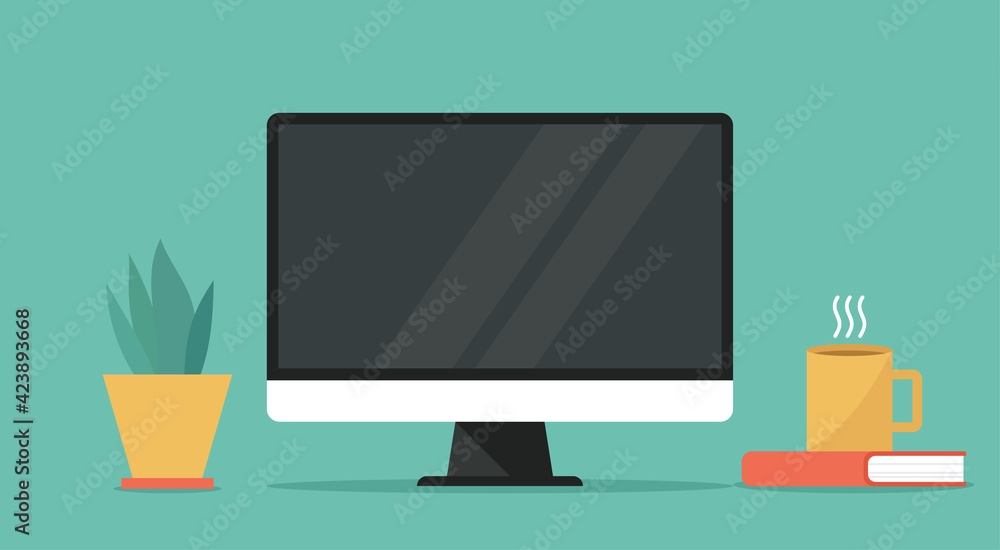 computer with blank empty display screen for copy space on working space, vector flat design illustration - obrazy, fototapety, plakaty 