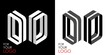 Isometric letter D in two perspectives. From stripes, lines. Template for creating logos, emblems, monograms. Black and white options. 3D art symbol. Vector illustration. Other letters in my portfolio