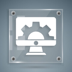 White Software, web development, programming concept icon isolated on grey background. Programming language and program code on screen monitor. Square glass panels. Vector