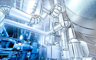 Illustration of Equipment, cables and piping inside power plant