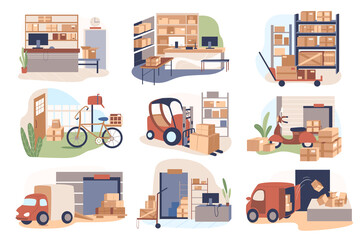 Warehouse and delivery service isolated scenes set. Logistics center, loading or unloading trucks, parcels storage. Bundle of modern interiors. Vector illustration in flat cartoon for web design